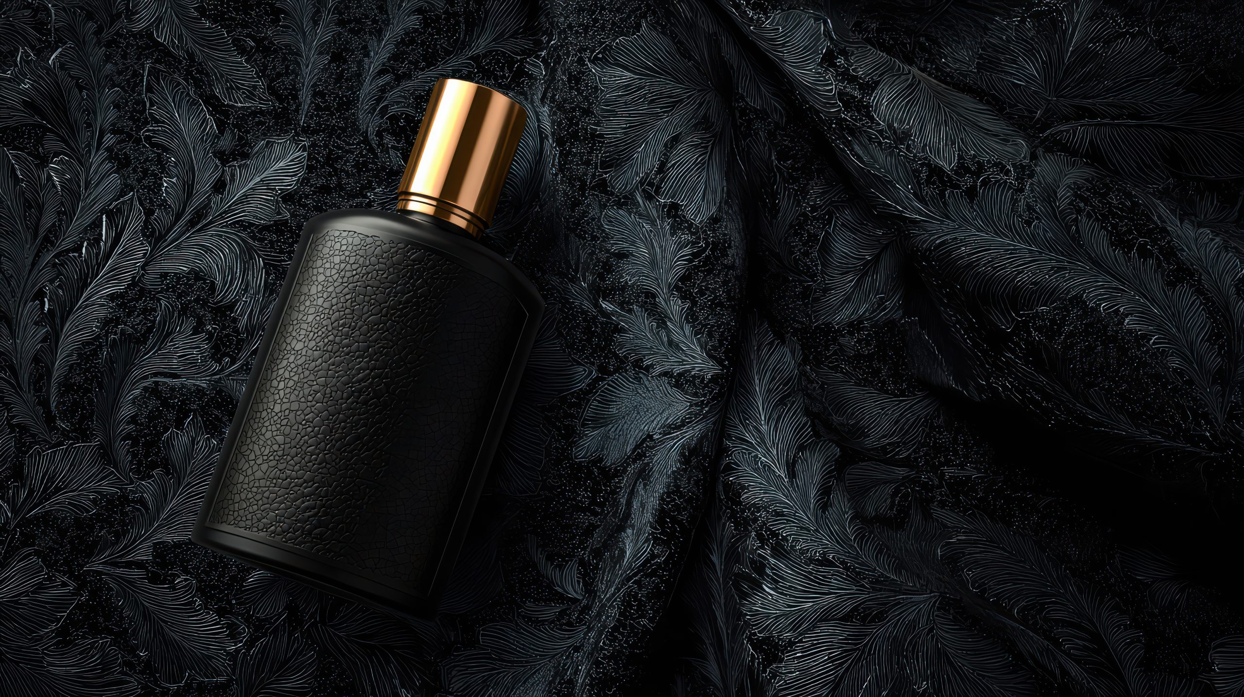 luxury black perfume bottle with gold cap dark textured background